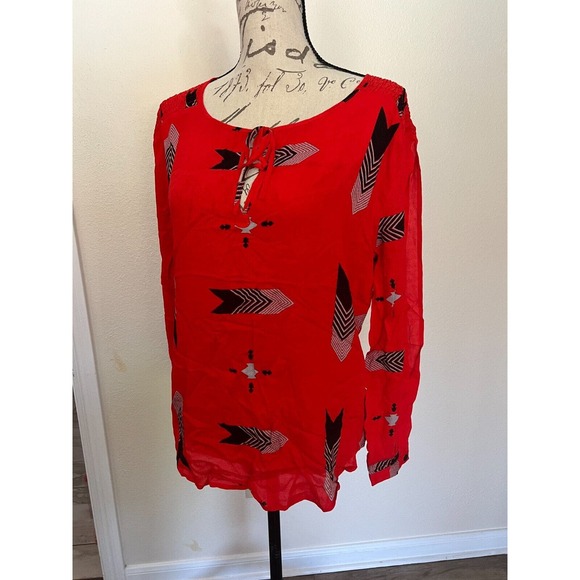 BB Dakota Blouse Top Women Small Red Black Long Sleeve Scoop Neck Drawstring NEW - Picture 1 of 3